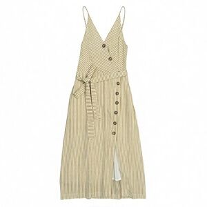 Women’s Yellow Striped Dress Adjustable Spaghetti Straps Belt Pockets Size Large